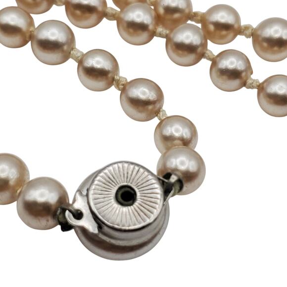Long Faux Pearl Strand Necklace Hand Knotted Natural Color Flapper Japan 59" L - Picture 2 of 5